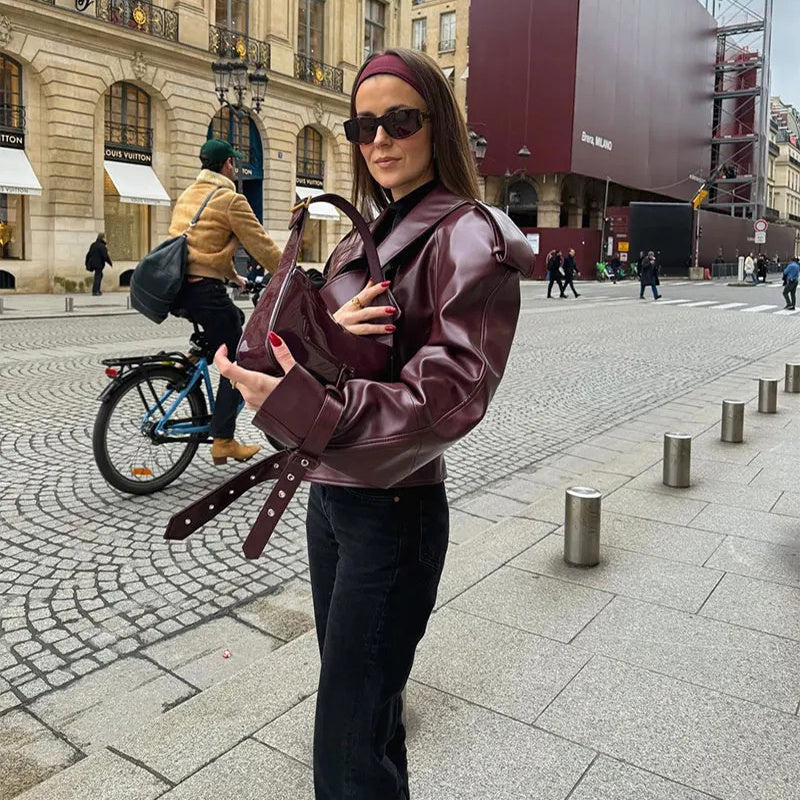 Loose Lapel PU Leather Jacket