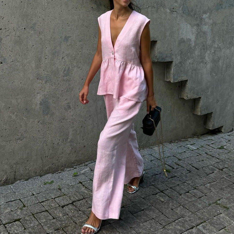 V-neck Sleeveless Top Vest Trousers Suit Two Piece