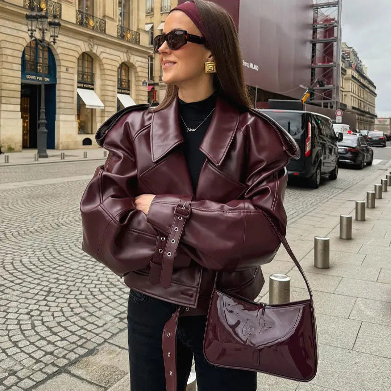 Loose Lapel PU Leather Jacket