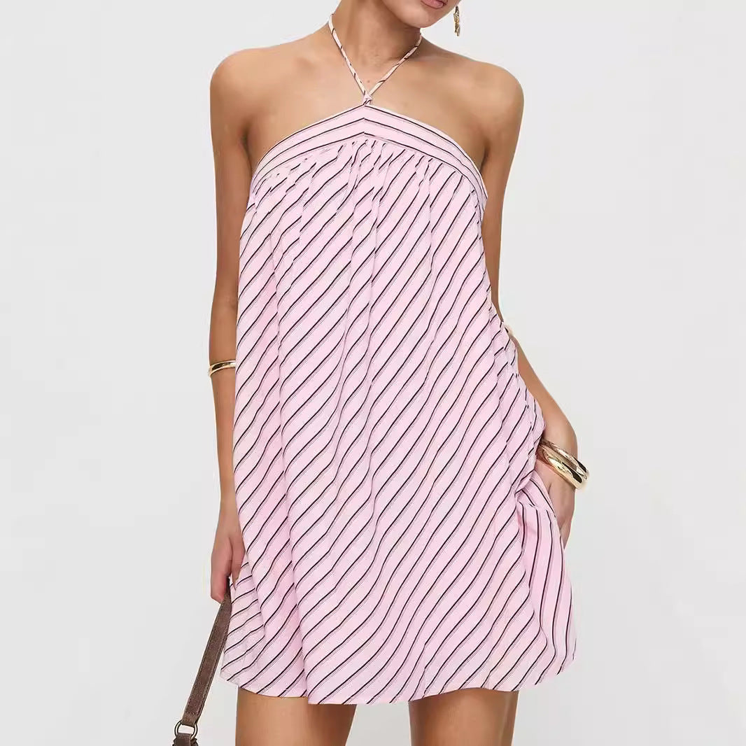 Women's Striped Halter Backless Dress
