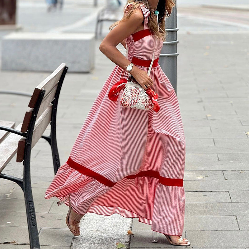 Striped Elegant Floor Length Sling Dress