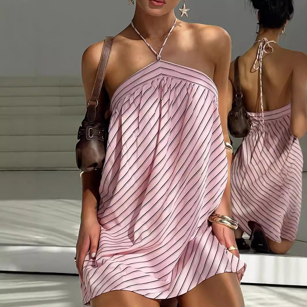Women's Striped Halter Backless Dress