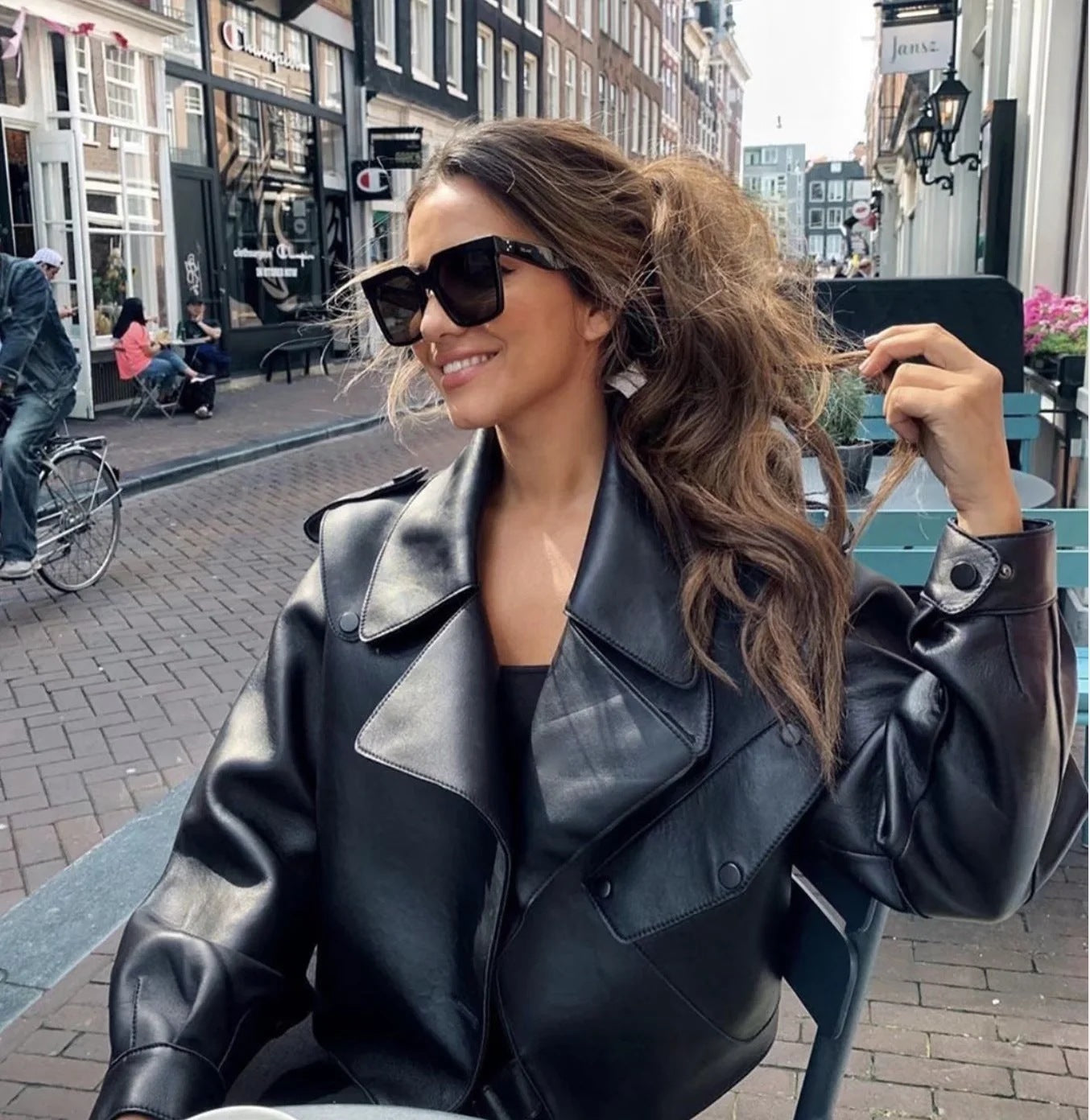 PU Leather Loose Lapel Motorcycle Jacket