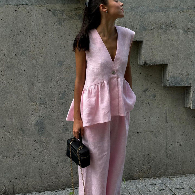 V-neck Sleeveless Top Vest Trousers Suit Two Piece