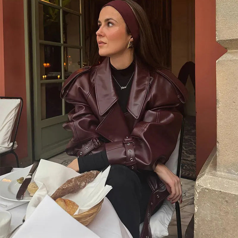 Loose Lapel PU Leather Jacket